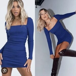 Princess Polly Royal Blue Ribbed Long Sleeve Square Neckline Dress Holiday Glam